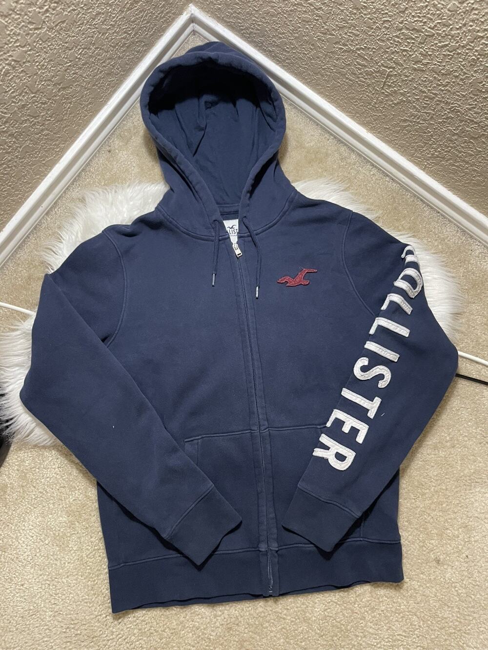 Hollister Full Zip Hoodie Mens Large Blue Bird Spellout Logo Preppy Casual Y2K